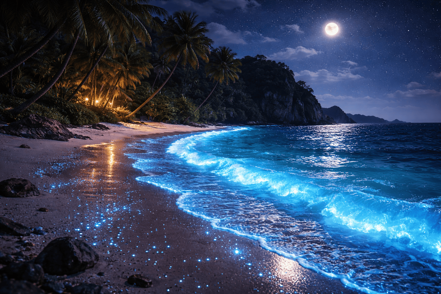 Bioluminescent beach at night